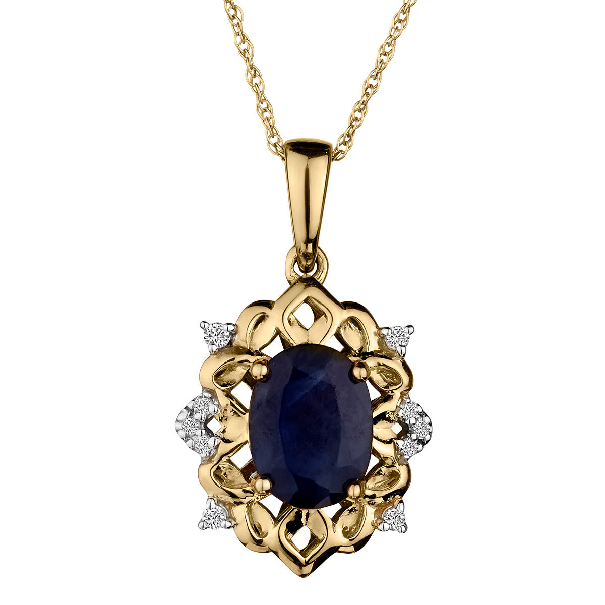 Genuine Blue Sapphire and .10 Carat of Diamonds Pendant  10kt Yellow Gold. Necklaces and Pendants. Griffin Jewellery Designs.
