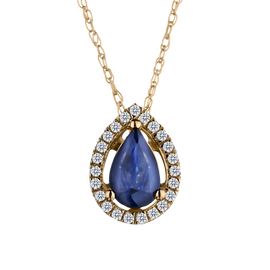Genuine Blue Sapphire + .10 Carat Diamond Halo Pendant, 14kt Yellow Gold. Necklaces and Pendants. Griffin Jewellery Designs.