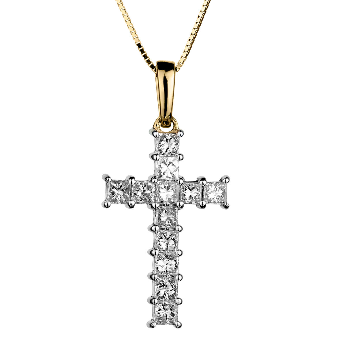 .75 Carat Princess Cut Diamond Cross Pendant,  14kt Yellow Gold. Necklaces and Pendants. Griffin Jewellery Designs. 