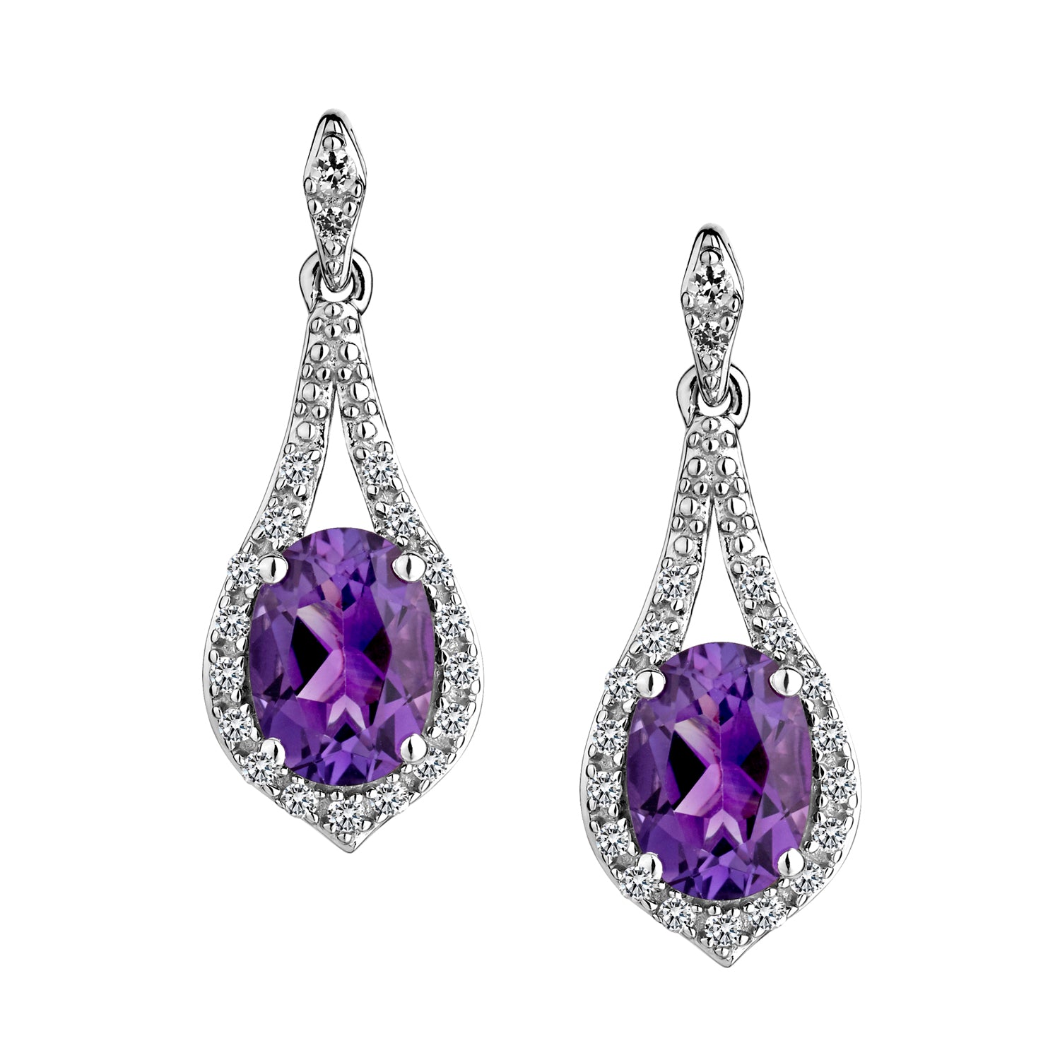 Amethyst & Created White Sapphire Drop Earrings,  Sterling Silver. Griffin Jewellery Designs