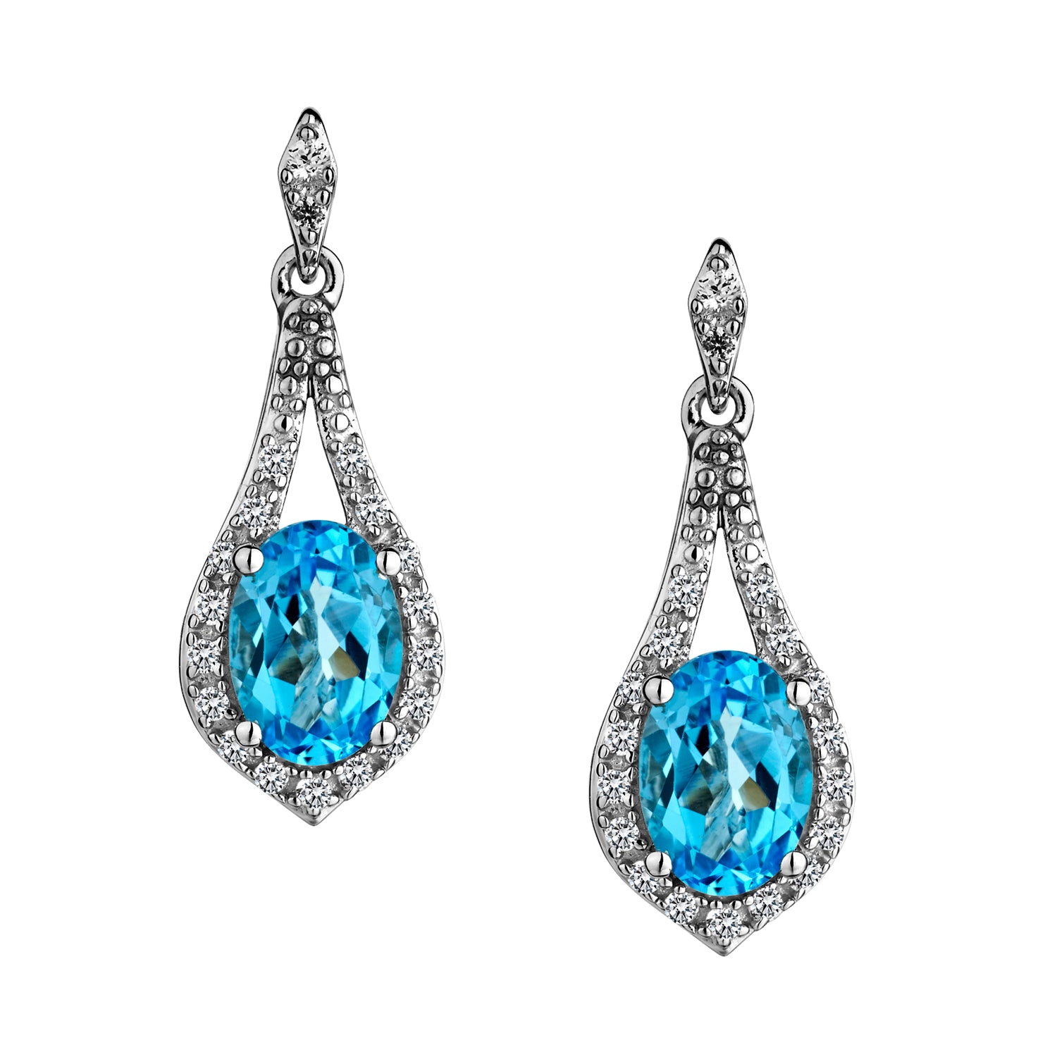 Swiss Blue Topaz & Created White Sapphire Drop Earrings,  Sterling Silver. Griffin Jewellery Designs