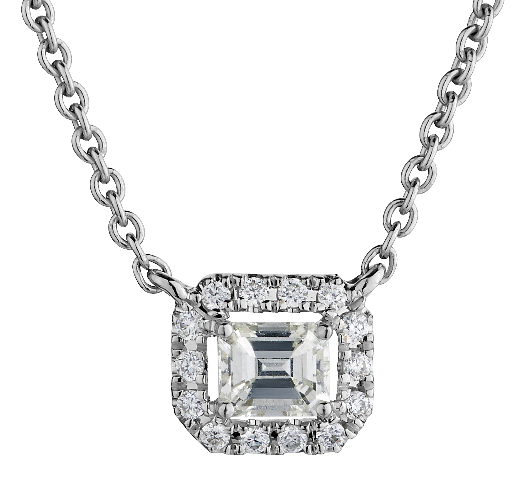 .25 Carat Total Weight (.18 Carat Emerald Cut + 0.7 Round Diamonds),  18kt White Gold.  Necklaces and Pendants. Griffin Jewellery Designs.