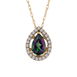 Genuine Mystic Topaz &.10 Carat Diamond Halo Pendant, 14kt Yellow Gold. Necklaces and Pendants. Griffin Jewellery Designs.