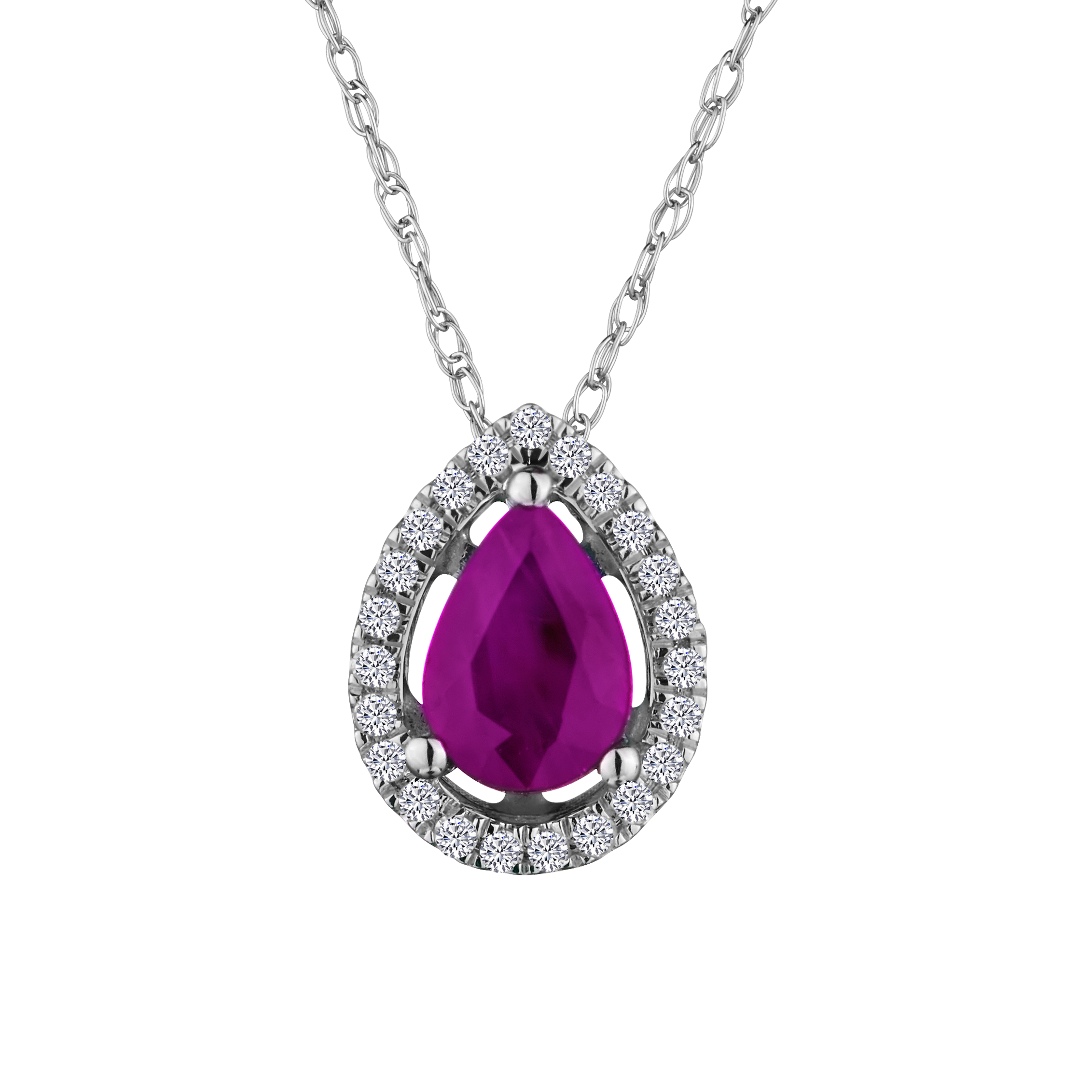 Genuine Ruby + .10 Carat Diamond Halo Pendant, 14kt White Gold. Necklaces and Pendants. Griffin Jewellery Designs. 