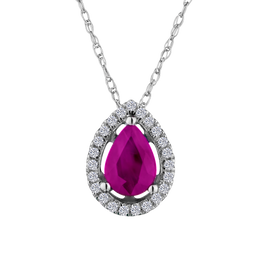 Genuine Ruby + .10 Carat Diamond Halo Pendant, 14kt White Gold. Necklaces and Pendants. Griffin Jewellery Designs.