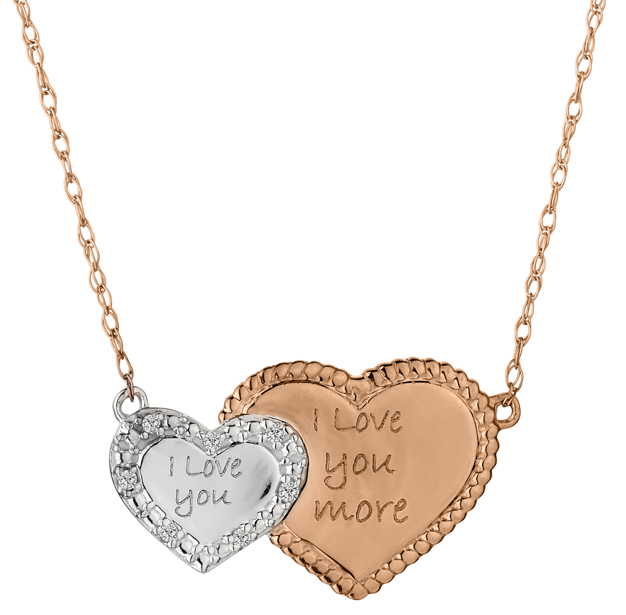 03 Carat Diamond I Love You I Love You More Double Heart Pendant 10kt Rose Gold and Silver.NOW