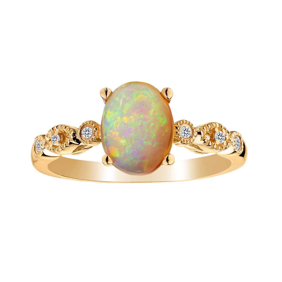 1.30 Carat Genuine Ethiopian Opal and .05 Carat Diamond Ring,  10kt Yellow Gold. Gemstone Rings. Griffin Jewellery Designs
