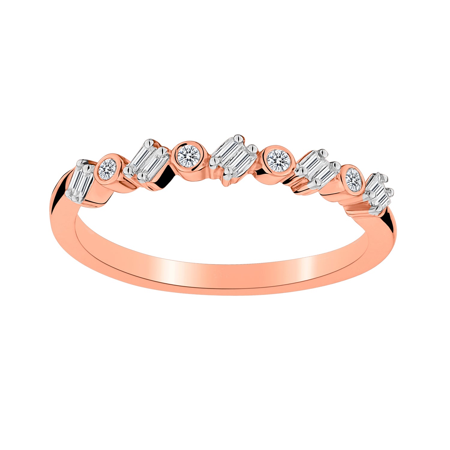 .12 CARAT DIAMOND BEZEL SET ROUND AND BAGUETTE STACKER RING, 10kt ROSE GOLD. Fashion Rings - Griffin Jewellery Designs