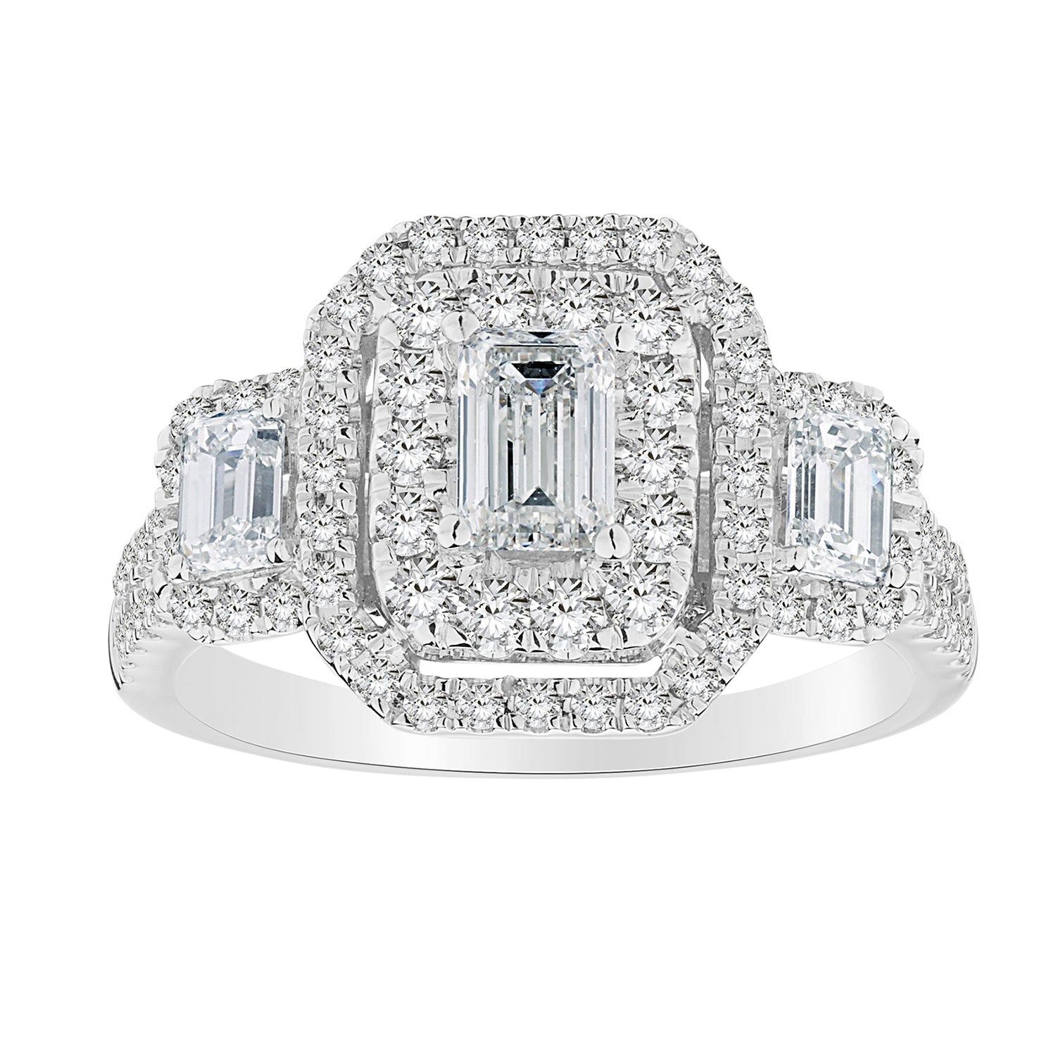 .50 Carat Emerald Cut Centre,  1.50 Carat Total Diamond Weight Engagement Ring,  14kt White Gold. Griffin Jewellery Designs