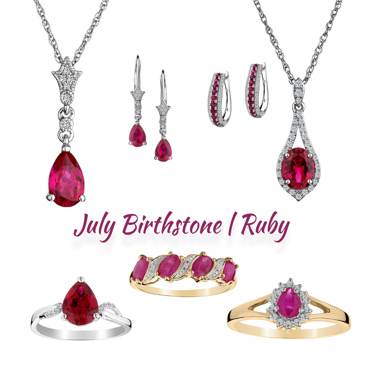 Ruby jewellery: pendants, earrings, rings (silver and gold).