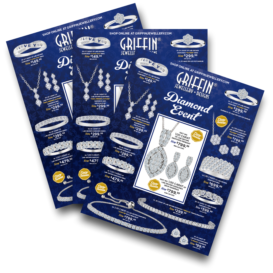 Griffin Jewelers promotional brochures with diamond jewelry images and pricing.