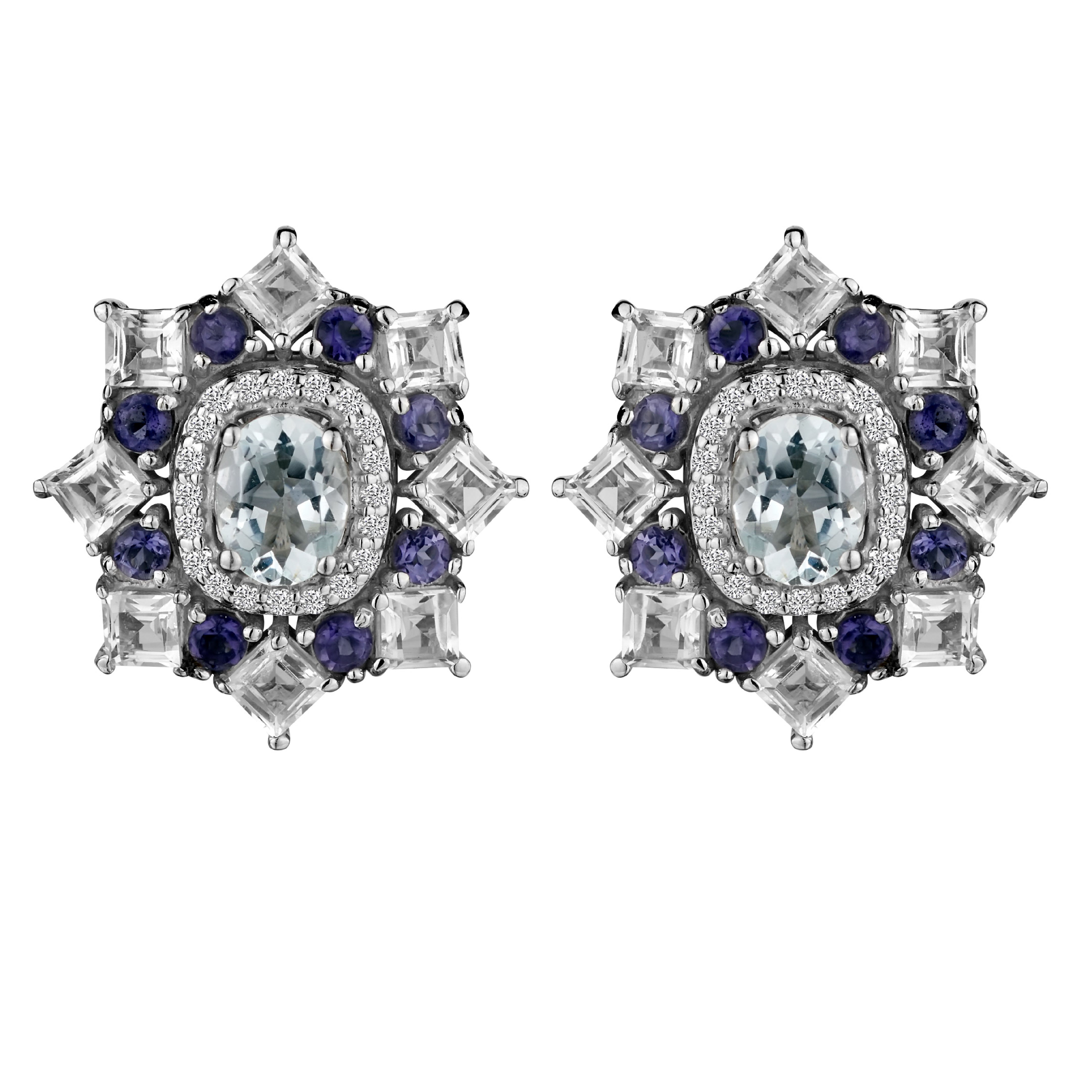 1.25 Carat Aquamarine, Iolite & Topaz "Snowflake" Stud Earrings,  Sterling Silver. Griffin Jewellery Designs
