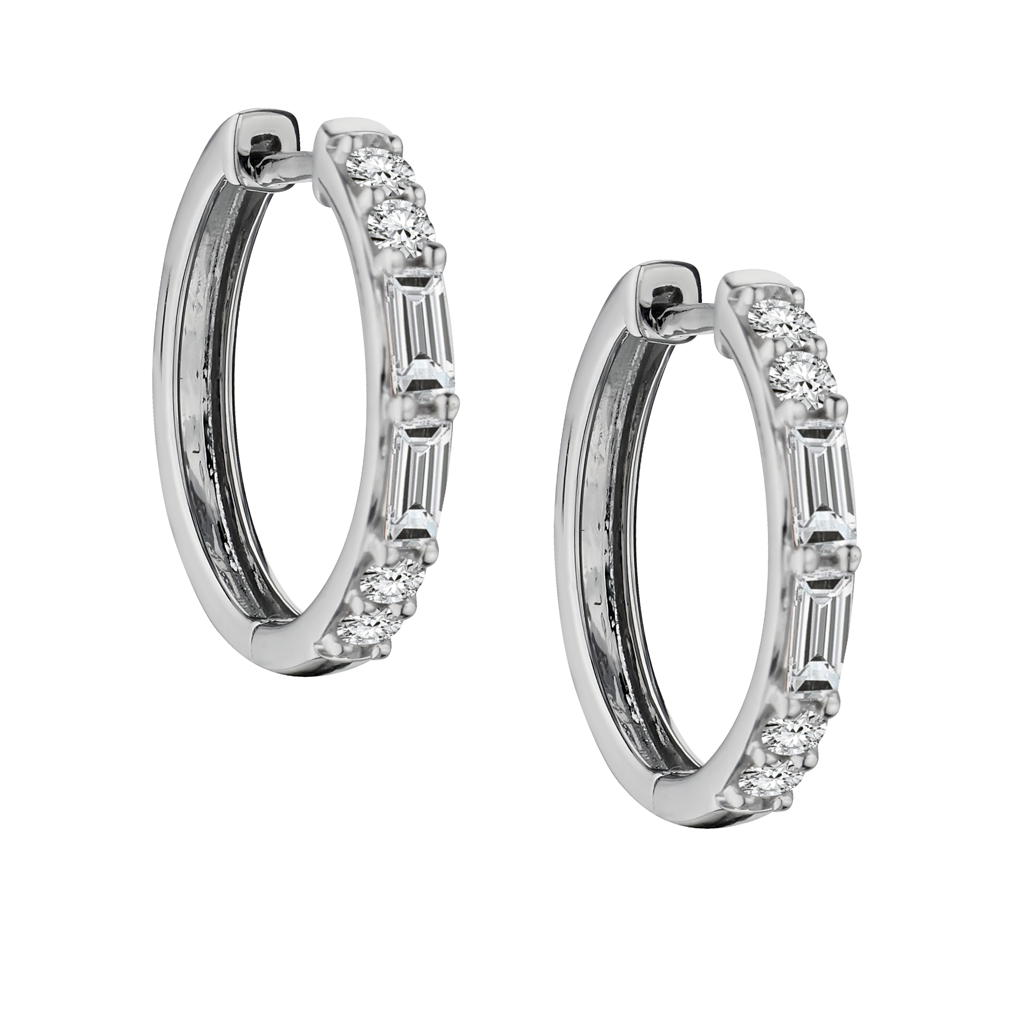 .50 TDW (Baguette + Round Brilliant Cut) Diamond Hoop Earrings,  14kt White Gold. Hoops. Hoop Earrings. Griffin Jewellery Designs