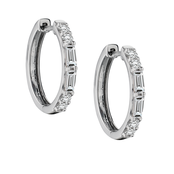 .50 TDW (Baguette + Round Brilliant Cut) Diamond Hoop Earrings,  14kt White Gold. Hoops. Hoop Earrings. Griffin Jewellery Designs