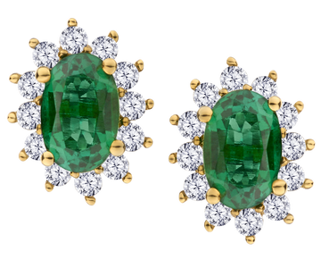 Created Emerald & .33 Carat of Lab Grown Diamonds Halo Earrings, 10kt Yellow Gold.....................NOW - Griffin Jewellery Designs