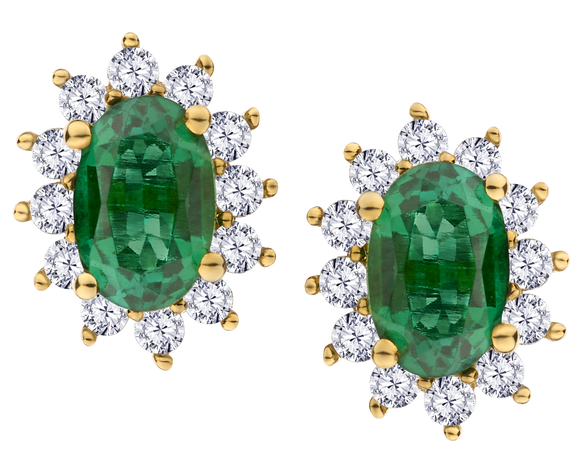Created Emerald & .33 Carat of Lab Grown Diamonds Halo Earrings, 10kt Yellow Gold.....................NOW - Griffin Jewellery Designs
