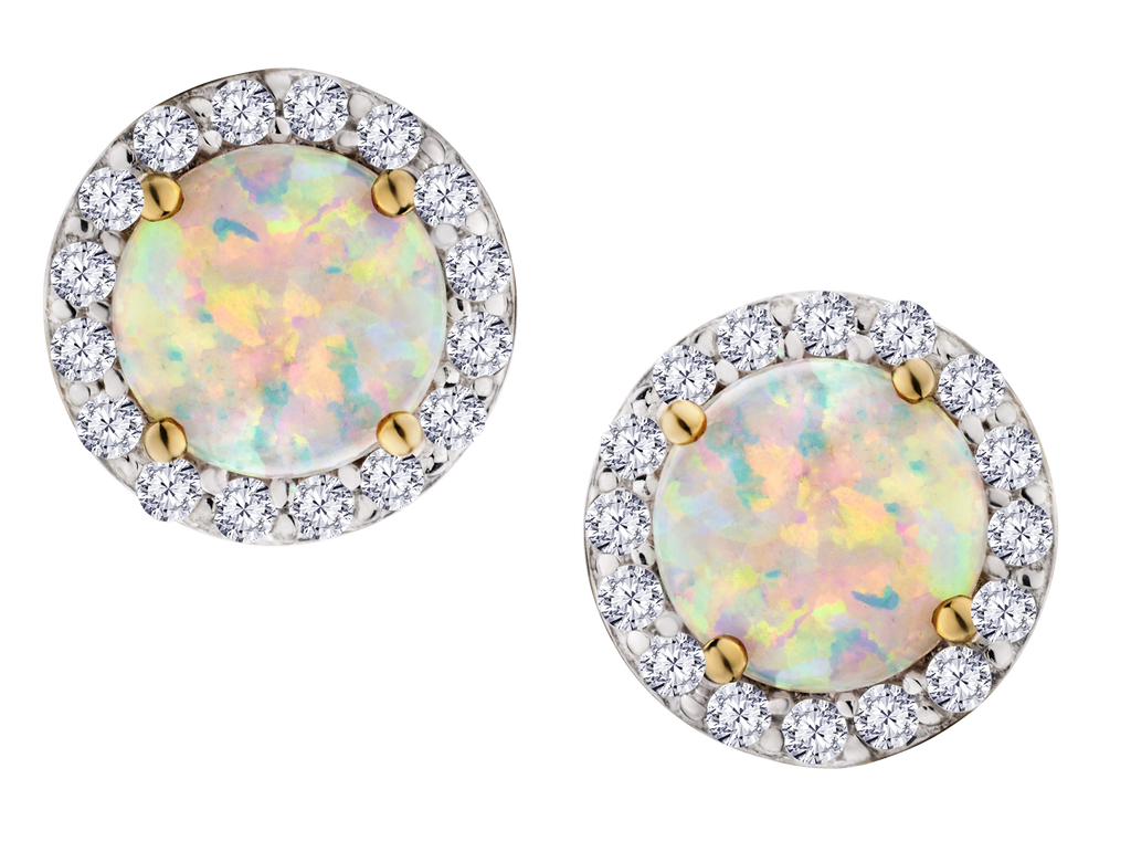Created Opal & .04 Carat of Lab Grown Diamonds Halo Earrings, 10kt Yellow Gold.....................NOW