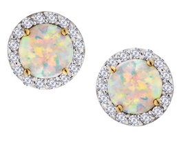 Created Opal & .04 Carat of Lab Grown Diamonds Halo Earrings, 10kt Yellow Gold.....................NOW - Griffin Jewellery Designs