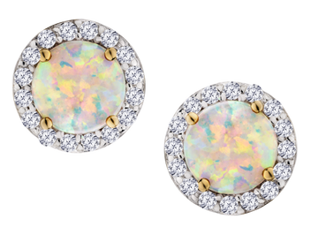 Created Opal & .04 Carat of Lab Grown Diamonds Halo Earrings, 10kt Yellow Gold.....................NOW - Griffin Jewellery Designs