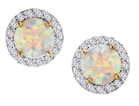Created Opal & .04 Carat of Lab Grown Diamonds Halo Earrings, 10kt Yellow Gold.....................NOW - Griffin Jewellery Designs