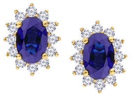Created Blue Sapphire & .33 Carat of Lab Grown Diamonds Halo Earrings, 10kt Yellow Gold.....................NOW - Griffin Jewellery Designs