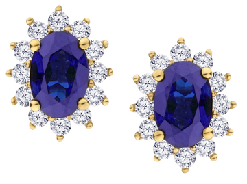 Created Blue Sapphire & .33 Carat of Lab Grown Diamonds Halo Earrings, 10kt Yellow Gold.....................NOW - Griffin Jewellery Designs