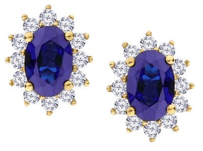 Created Blue Sapphire & .33 Carat of Lab Grown Diamonds Halo Earrings, 10kt Yellow Gold.....................NOW - Griffin Jewellery Designs