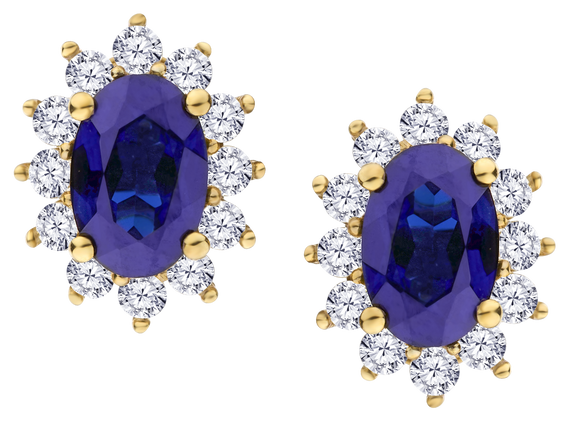 Created Blue Sapphire & .33 Carat of Lab Grown Diamonds Halo Earrings, 10kt Yellow Gold.....................NOW - Griffin Jewellery Designs
