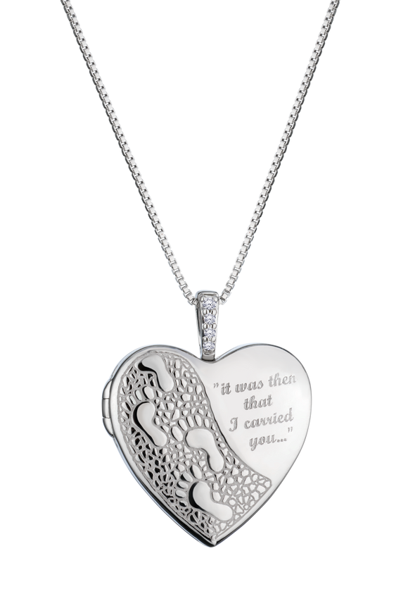 .02 Carat Of Lab Grown Diamonds "Footprints" Heart Locket, Silver.....................NOW