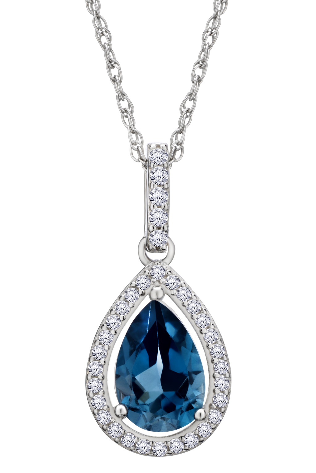Genuine London Blue Topaz & Created White Sapphire Halo Pendant, Silver.....................NOW