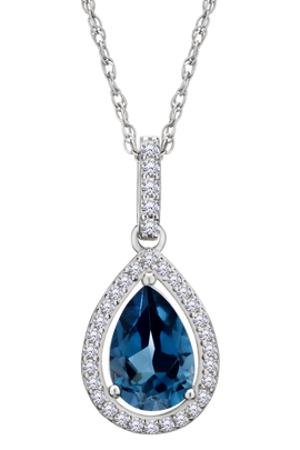 Genuine London Blue Topaz & Created White Sapphire Halo Pendant, Silver.....................NOW