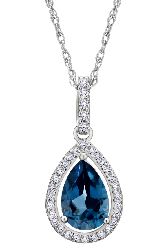 Genuine London Blue Topaz & Created White Sapphire Halo Pendant, Silver.....................NOW