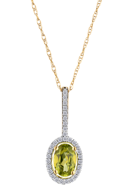 Genuine Peridot & .10 Carat of Diamonds Halo Pendant, 14kt Yellow Gold.....................NOW
