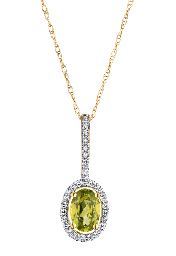 Genuine Peridot & .10 Carat of Diamonds Halo Pendant, 14kt Yellow Gold.....................NOW