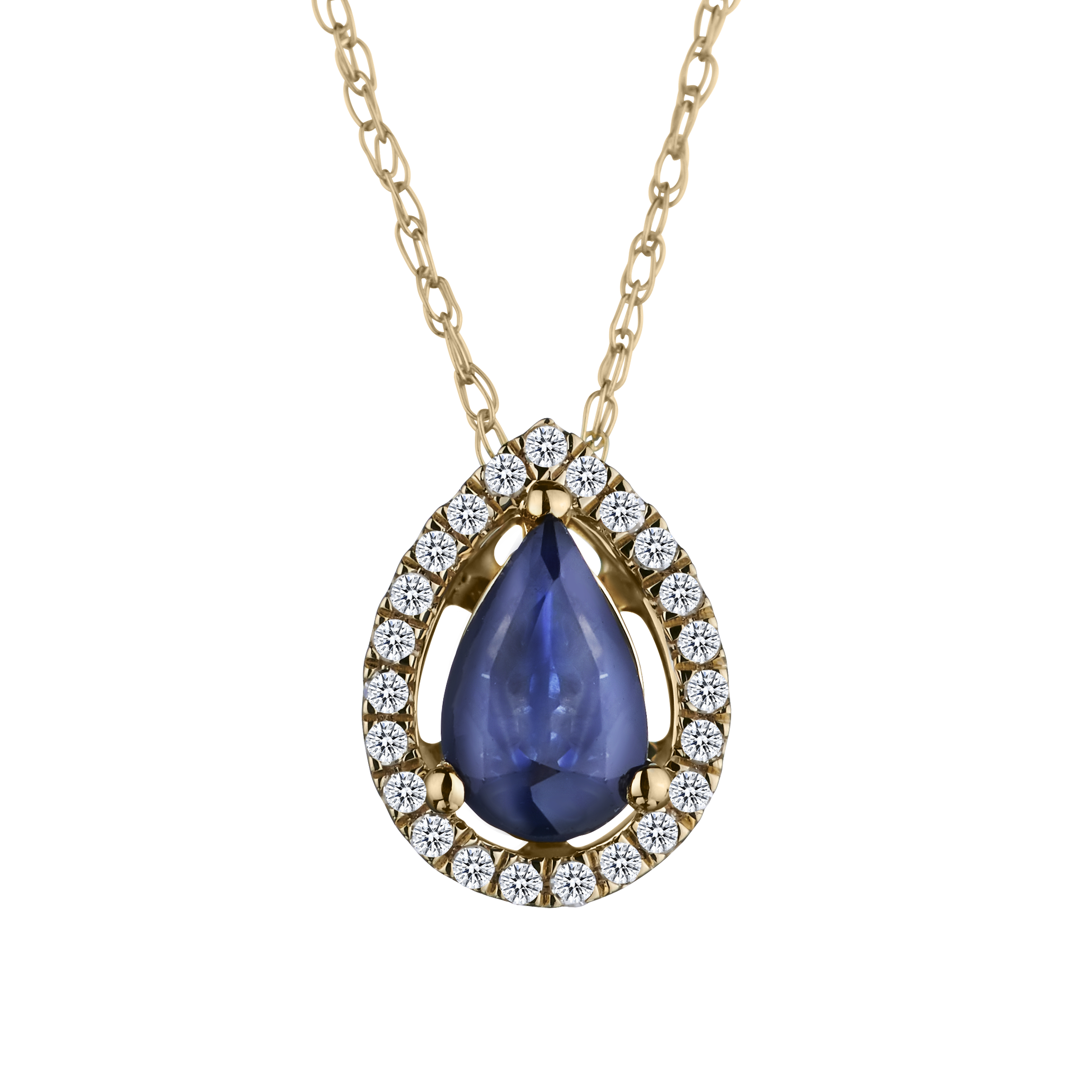 Genuine Blue Sapphire + .10 Carat Diamond Halo Pendant, 14kt Yellow Gold. Necklaces and Pendants. Griffin Jewellery Designs. 