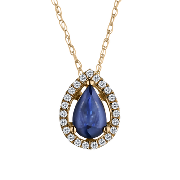 Genuine Blue Sapphire + .10 Carat Diamond Halo Pendant, 14kt Yellow Gold. Necklaces and Pendants. Griffin Jewellery Designs. 