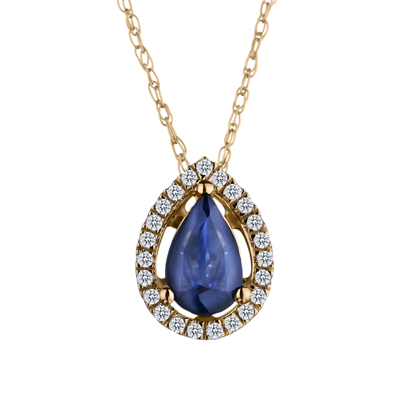 Genuine Blue Sapphire + .10 Carat Diamond Halo Pendant, 14kt Yellow Gold. Necklaces and Pendants. Griffin Jewellery Designs. 