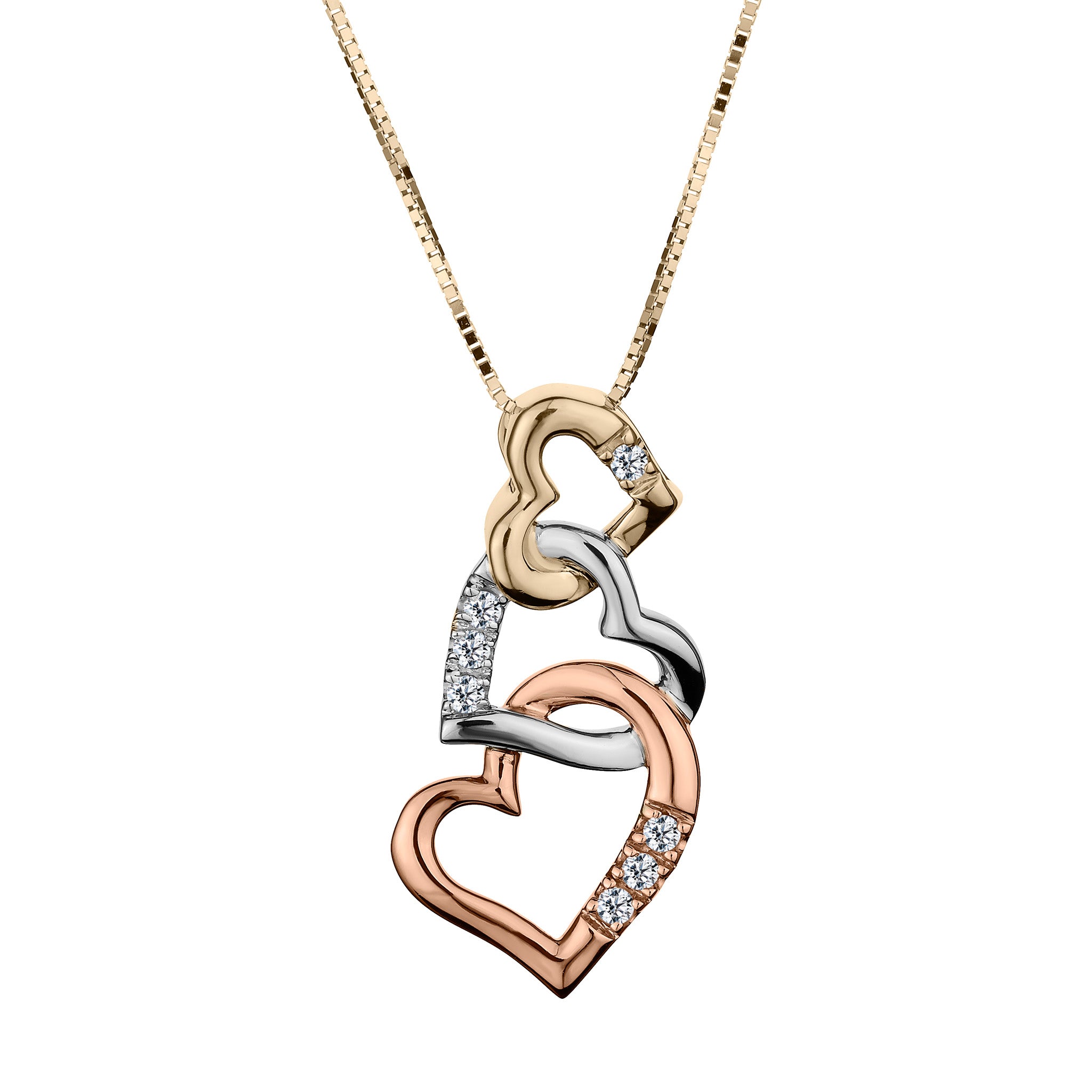 .05 Carat of Diamonds Three Intertwined Hearts, 10kt Tri Colour....................Now