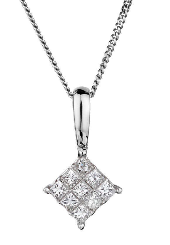 .25TDW Princess Cut Diamond Pendant,  10kt White Gold. Necklaces and Pendants. Griffin Jewellery Designs.
