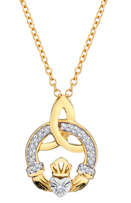 .08 Carat Of Lab Grown Diamonds "Claddagh" Pendant, 10Kt Yellow Gold