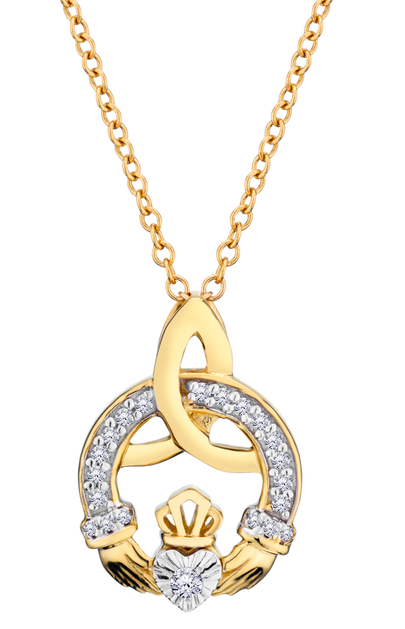 .08 Carat Of Lab Grown Diamonds "Claddagh" Pendant, 10Kt Yellow Gold