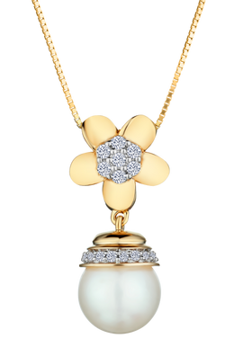 Pearl and .15 Carat of Diamonds Flower Drop Pendant, 10kt Yellow Gold.....................NOW