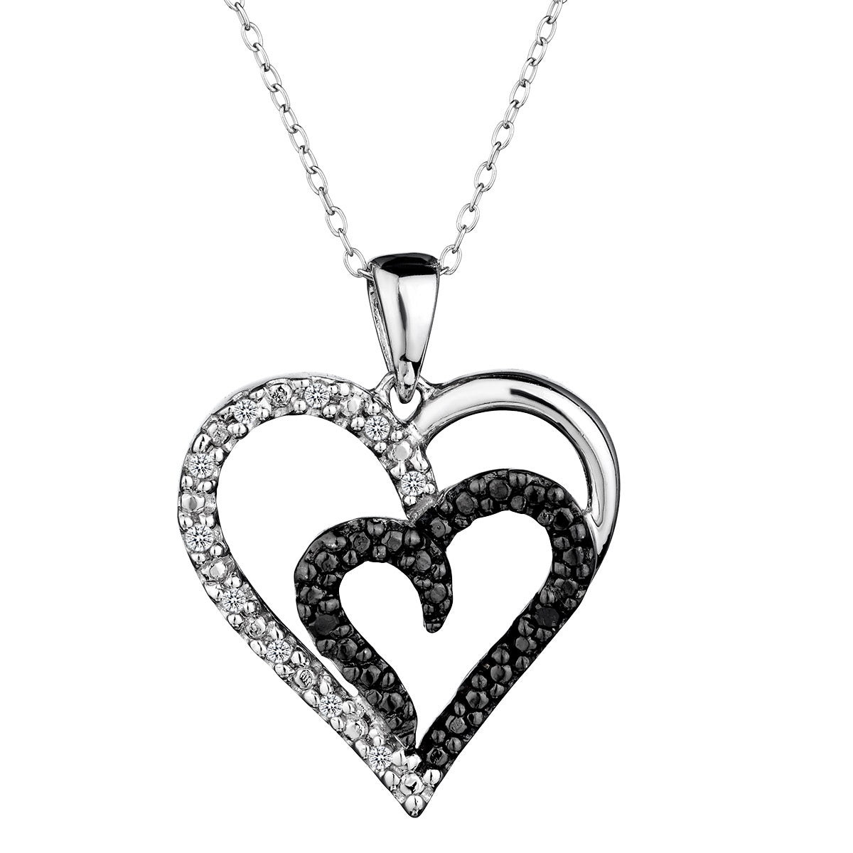 .10 Carat of Black and White Diamonds Double Heart Pendant,  Sterling Silver. Necklaces and Pendants. Griffin Jewellery Designs.