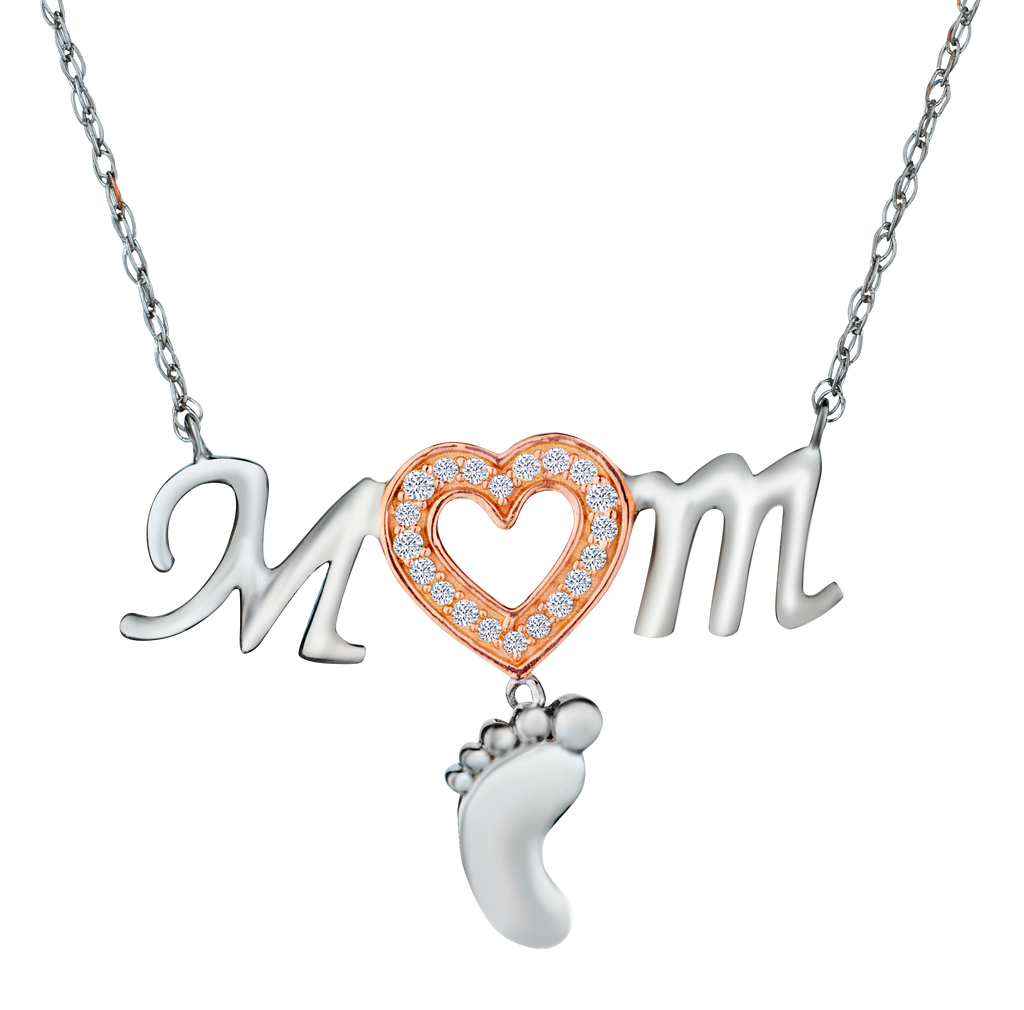 .07 Carat of Diamonds "Mom and Baby's Foot" Heart Necklace, Silver.....................NOW