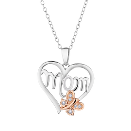 .06 Carat of Diamonds "MOM" Heart & Butterfly Pendant, Silver (Rose Gold Plated).....................NOW