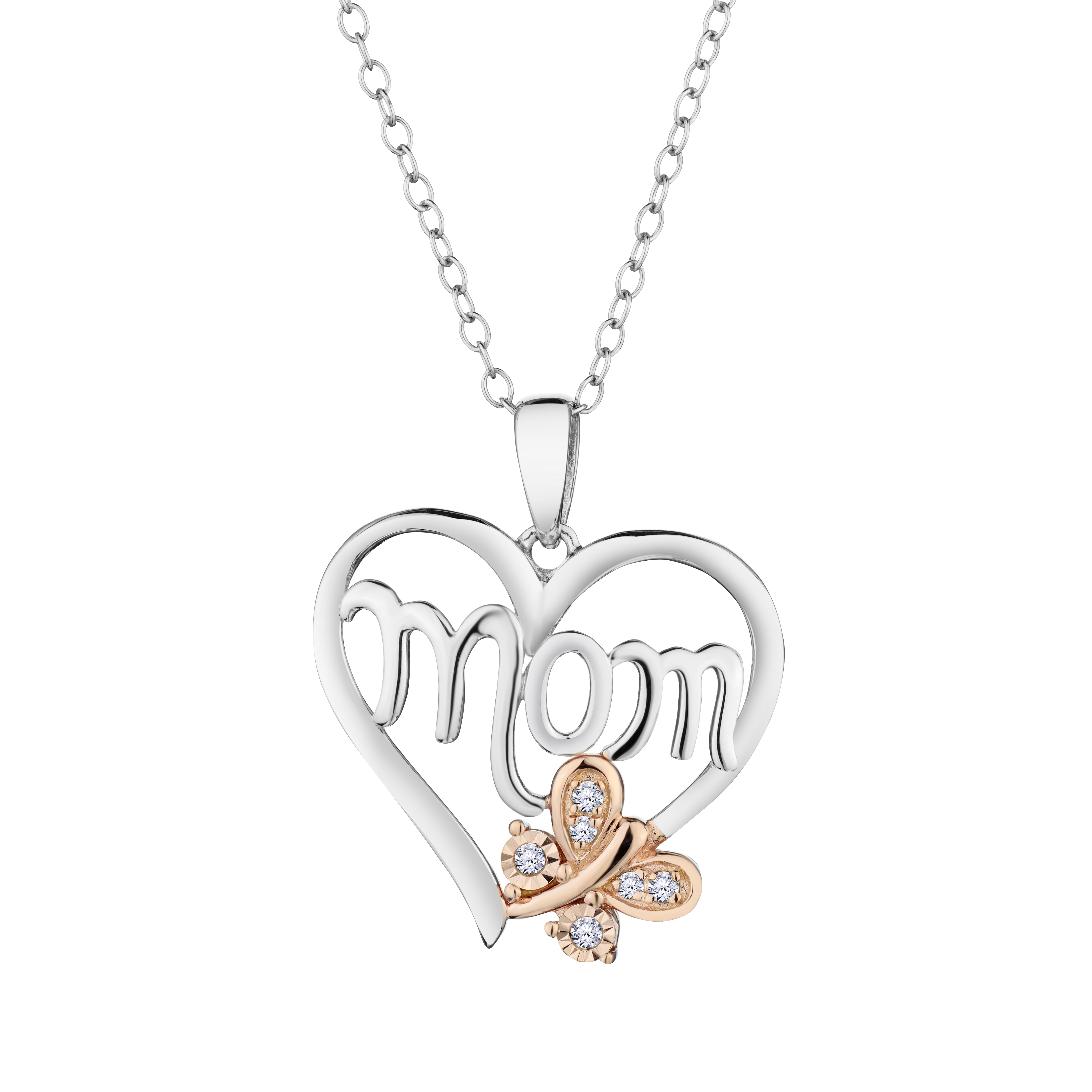 .06 Carat of Diamonds "MOM" Heart & Butterfly Pendant, Silver (Rose Gold Plated).....................NOW
