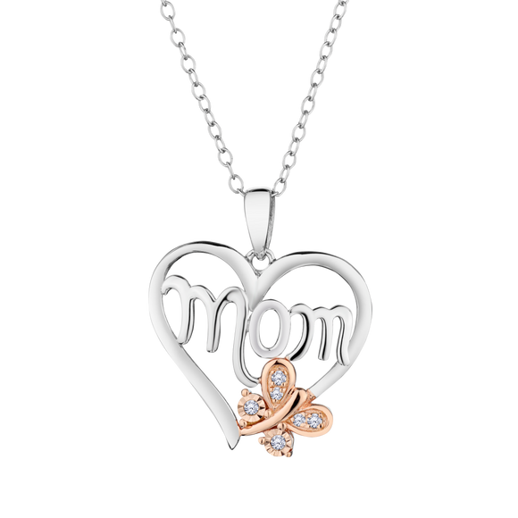 .06 Carat of Diamonds "MOM" Heart & Butterfly Pendant, Silver (Rose Gold Plated).....................NOW