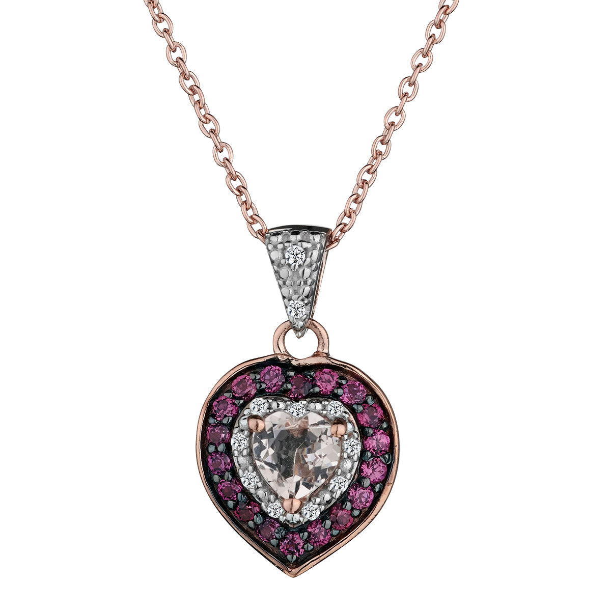 1.36 Carat Genuine Morganite and Rhodolite Heart Pendant,  Sterling Silver (14kt Rose Gold Plated). Necklaces and Pendants. Griffin Jewellery Designs. 