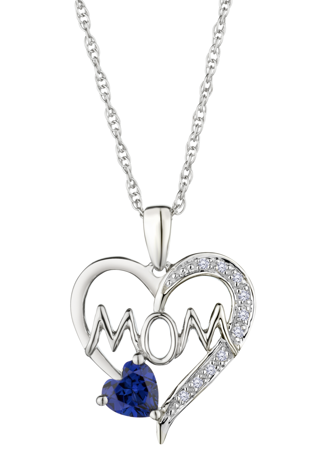 Created Blue & White Sapphire "Mom" Pendant, Silver.....................NOW