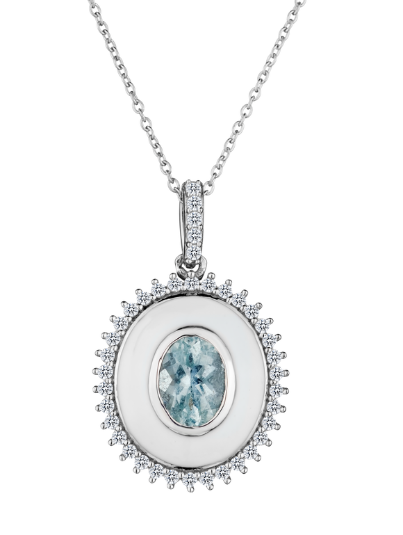 1.80 Carat Genuine Aquamarine + White Zircon Enamel Pendant, Sterling Silver. Necklaces and Pendants. Griffin Jewellery Designs. 